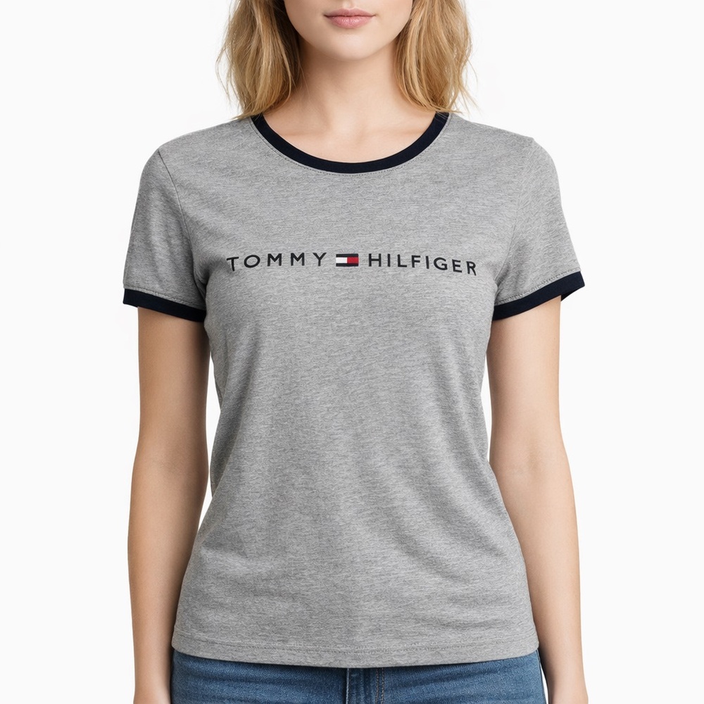 Tommy Hilfiger Logo Ringer Tee Gray Short Sleeve T-Shirt Women XXS